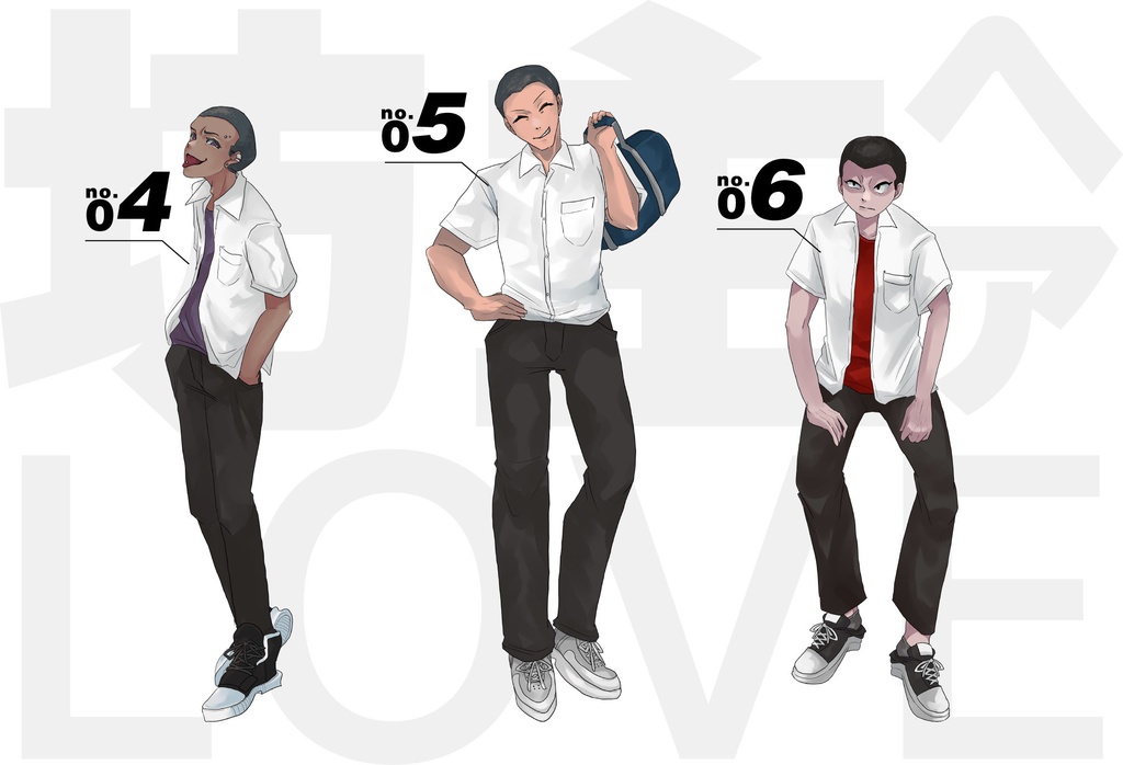 坊主・夏服・学生服 男子高校生全身立ち絵素材 9種類 (無料)