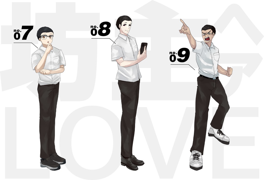 坊主・夏服・学生服 男子高校生全身立ち絵素材 9種類 (無料)