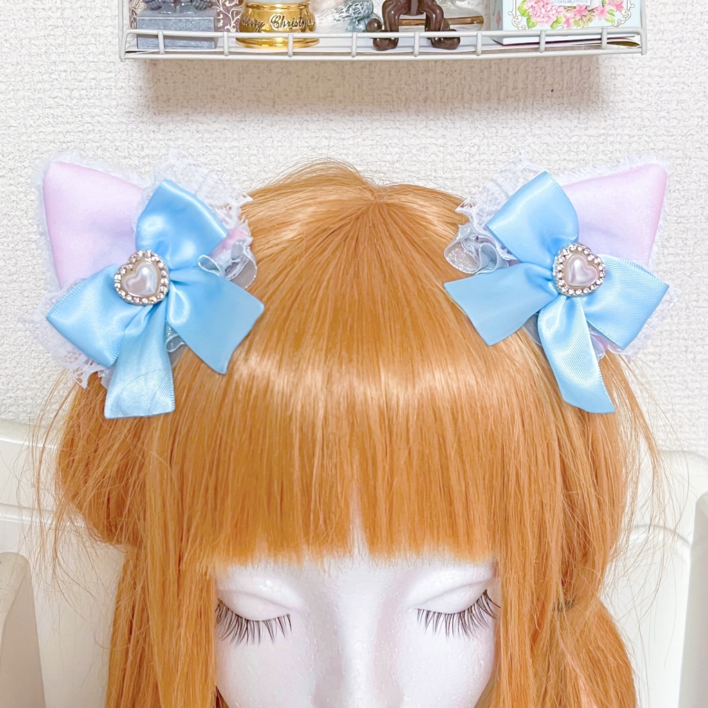 ♡ ねこみみ フリルリボン ヘッドドレス light blue ♡-