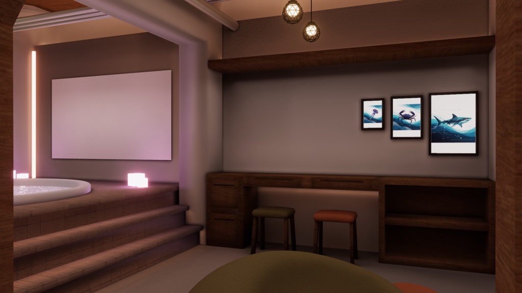 VRChatワールド「Lumilago(ルミラーゴ)」(デカいプロジェクターとプールがあるお部屋)