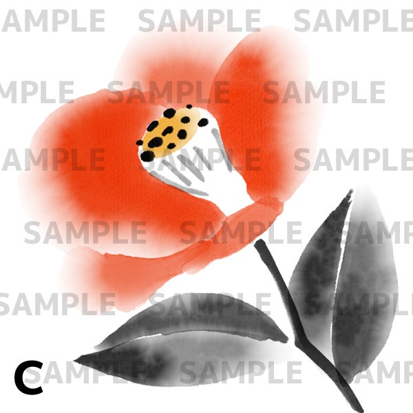 【水墨画素材】椿のイラスト4点セット(PNG透過)/和風・冬の花・年賀状・和柄・墨絵・背景素材・商用OK