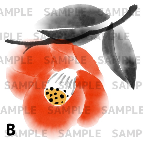 【水墨画素材】椿のイラスト4点セット(PNG透過)/和風・冬の花・年賀状・和柄・墨絵・背景素材・商用OK