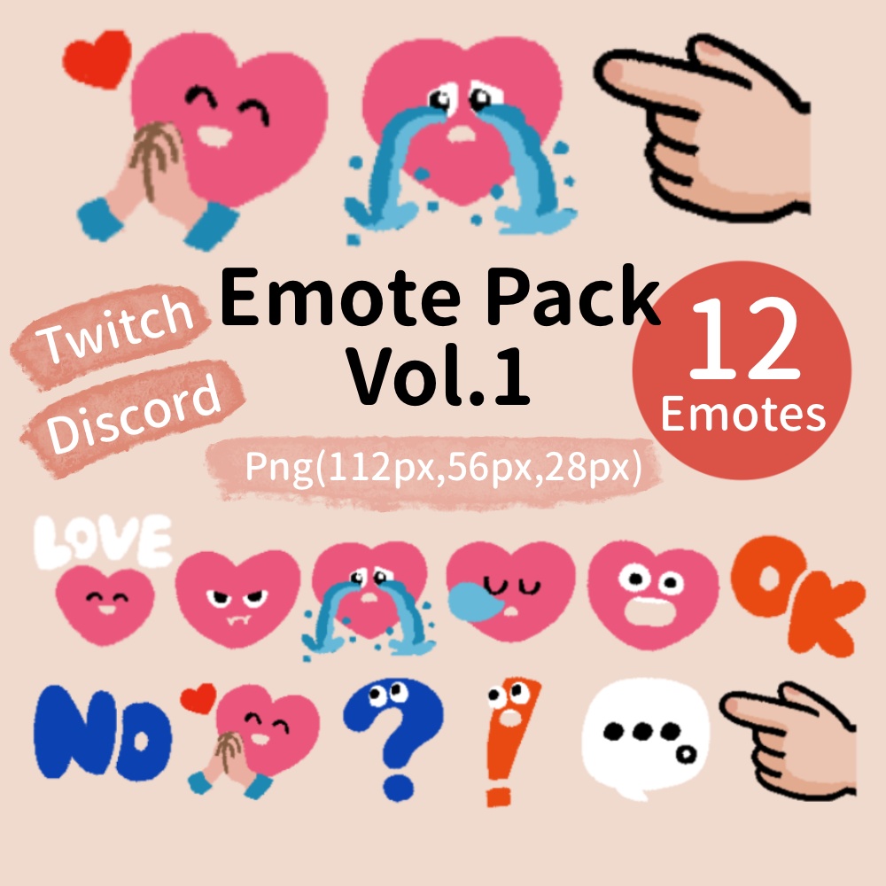 【Twitch/Discord対応】Reaction Emote Pack Vol.1(12種セット|PNG透過|28/56/112px)リアクションスタンプ