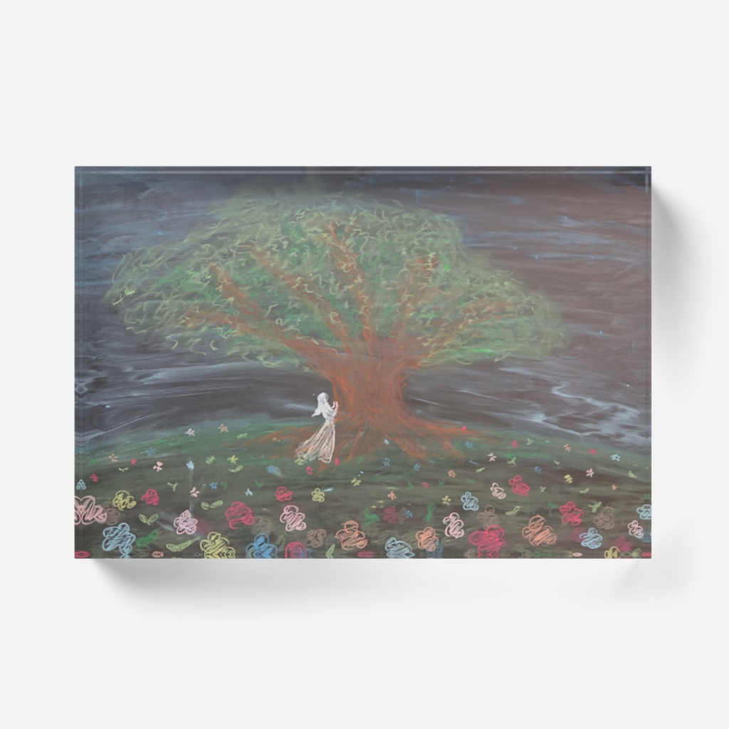 木と少女 黒板アートアクリルブロック