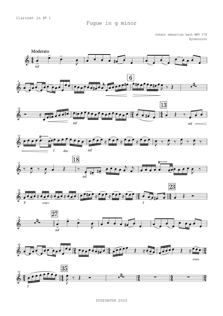 【吹奏楽パート譜】小フーガト短調 (J.S.バッハBWV578)