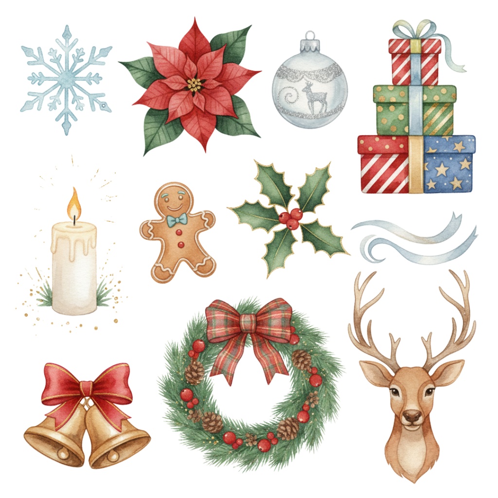 【水彩クリスマスコレクション】クリップアートセット (PNG形式)