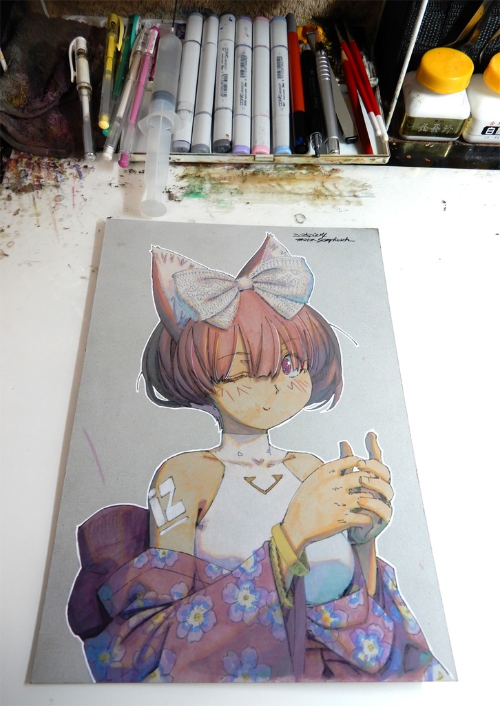 【A4グレー用紙水彩】シノっちのリボン