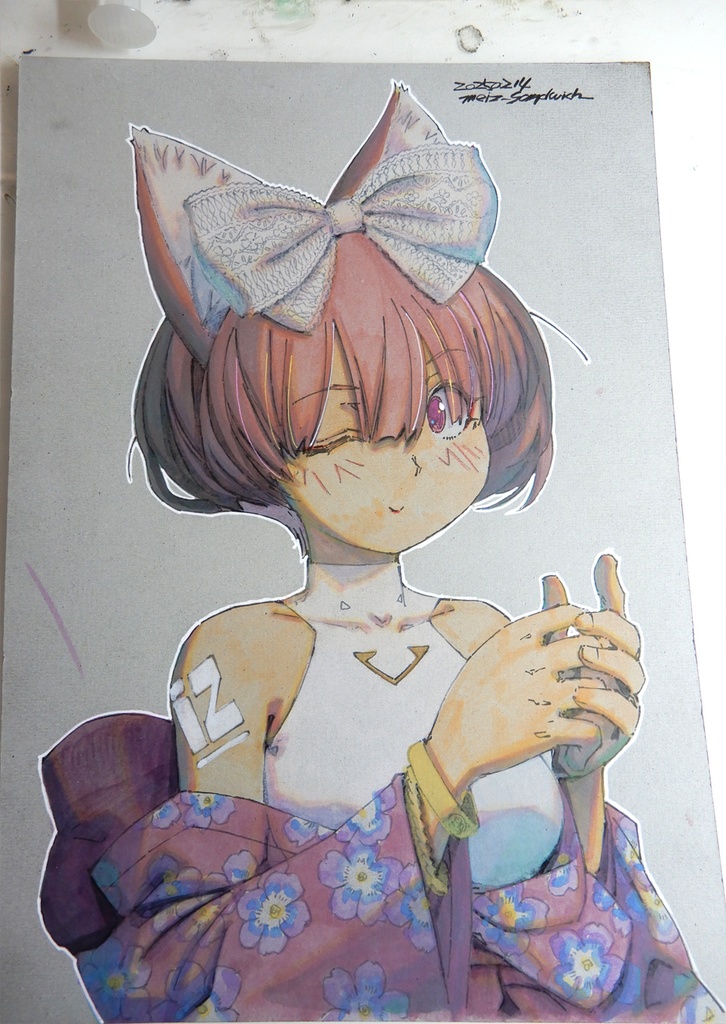 【A4グレー用紙水彩】シノっちのリボン