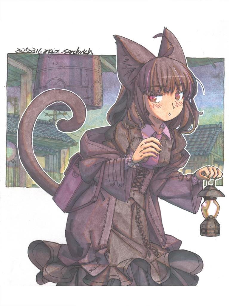 【色紙水彩】火の見櫓の黒猫
