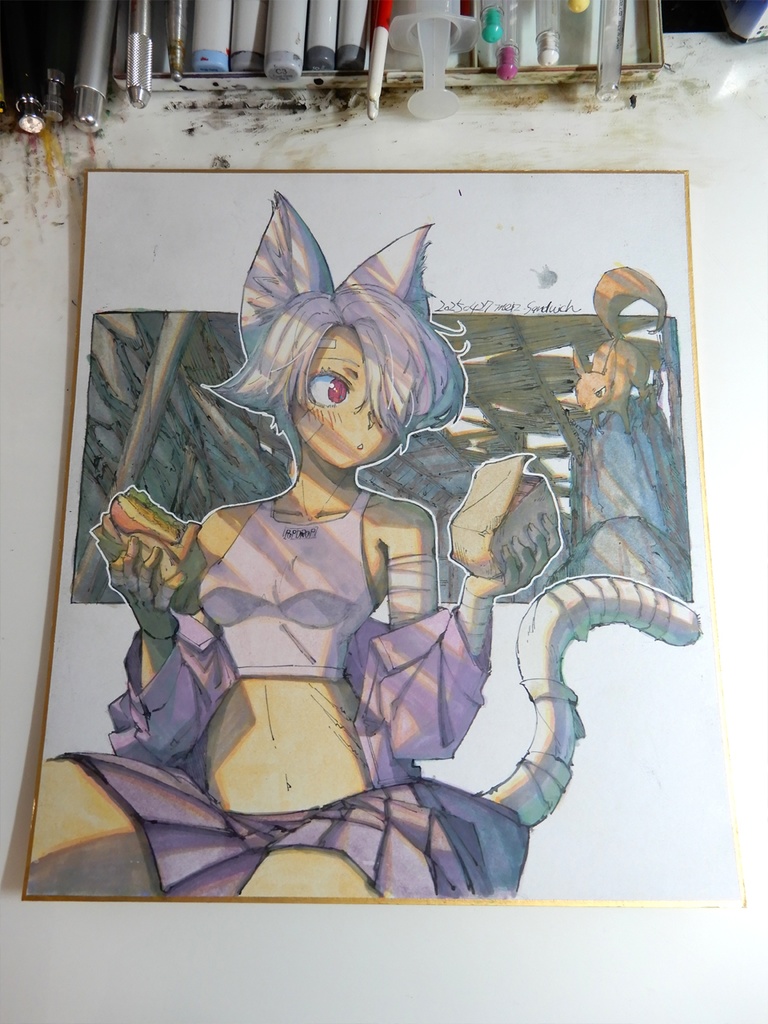 【色紙水彩】屑猫のランチ