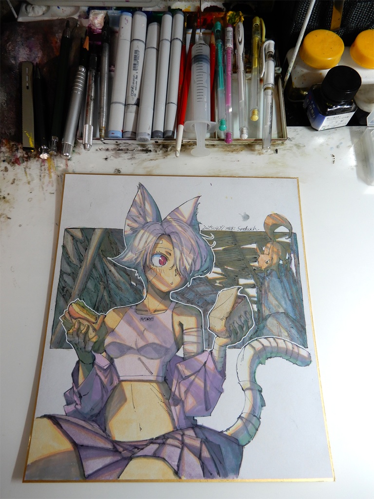 【色紙水彩】屑猫のランチ