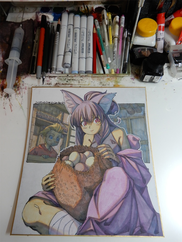 【色紙水彩】タカシが差し入れた食用たまごを温める初代