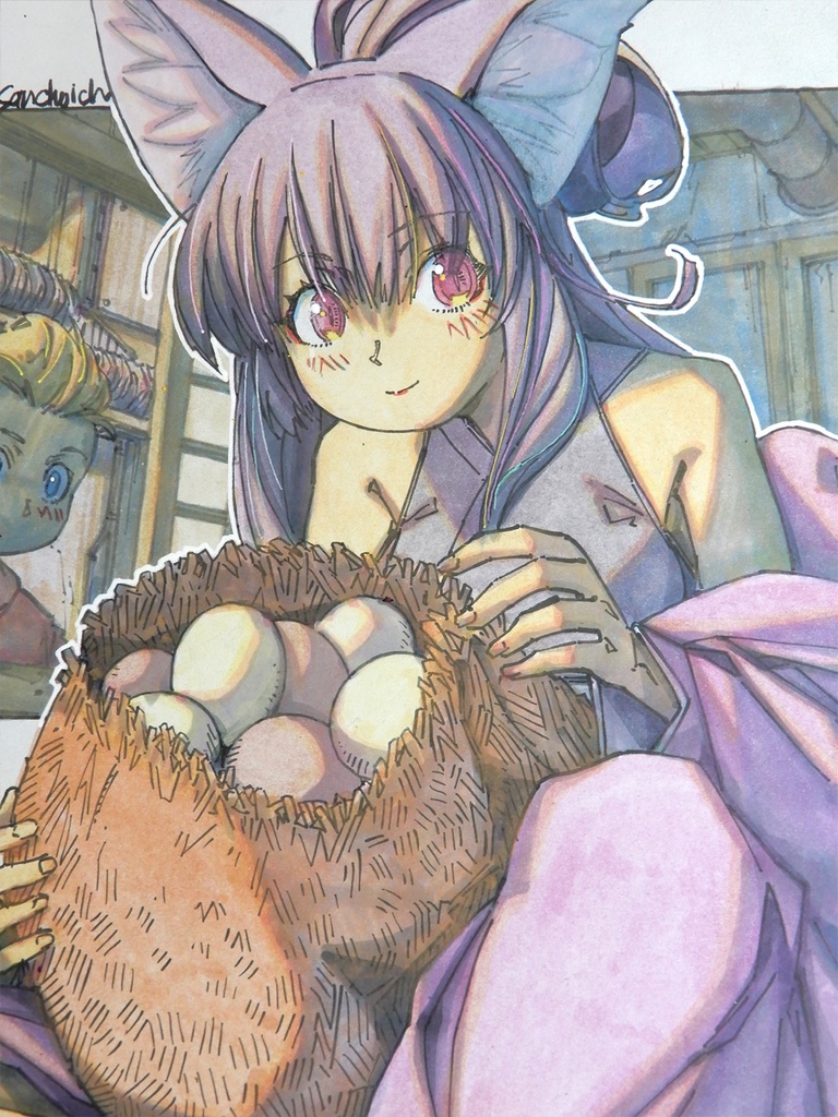 【色紙水彩】タカシが差し入れた食用たまごを温める初代