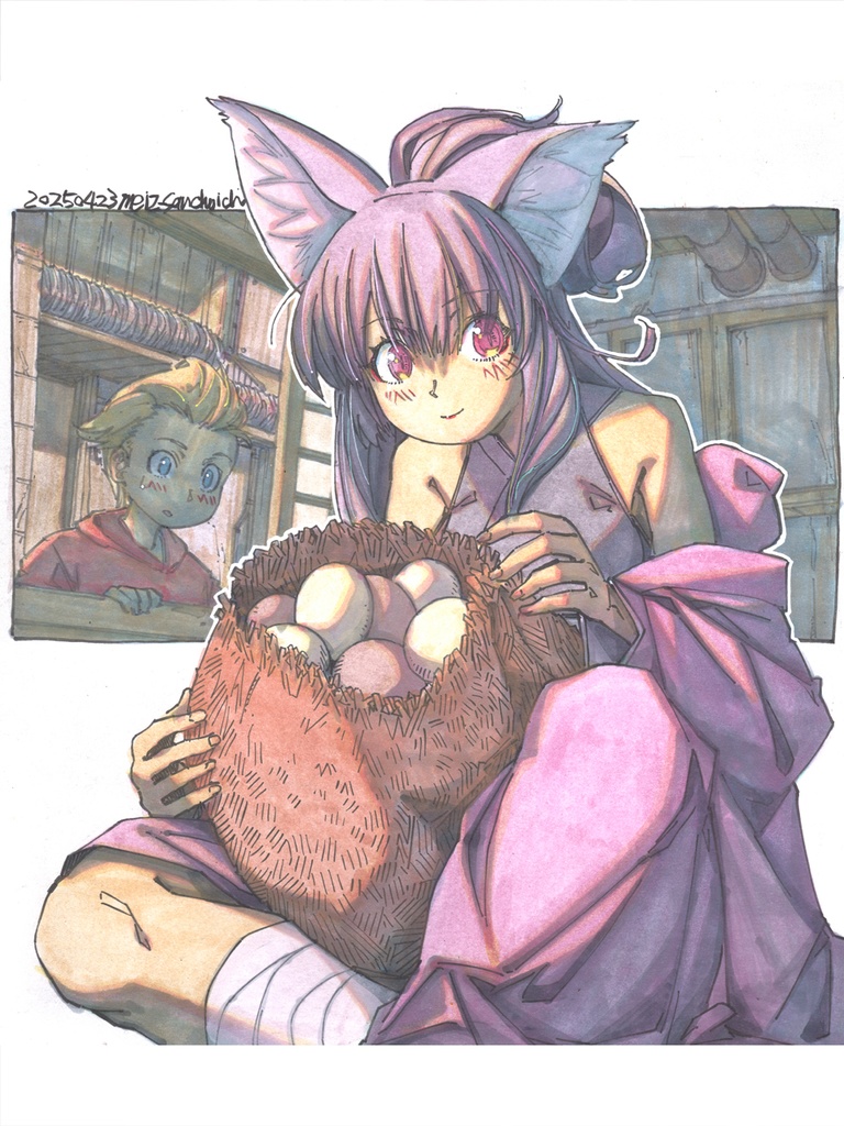 【色紙水彩】タカシが差し入れた食用たまごを温める初代