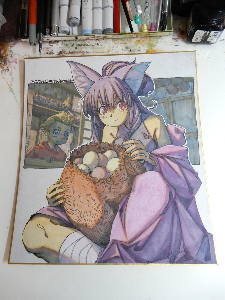 【色紙水彩】タカシが差し入れた食用たまごを温める初代