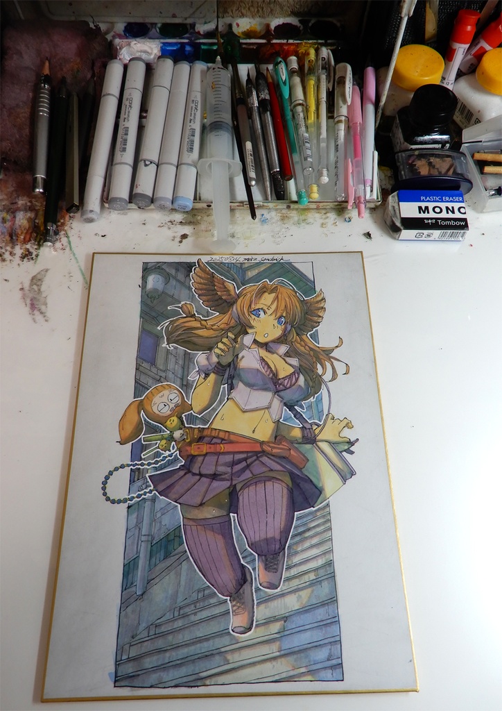 【A4色紙水彩】キジ柄羽付きヘッドホン