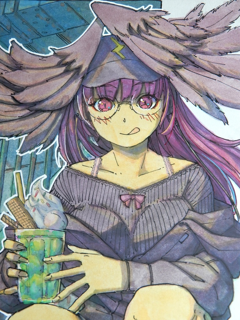 【A4色紙水彩】赤い髪と黒の日傘
