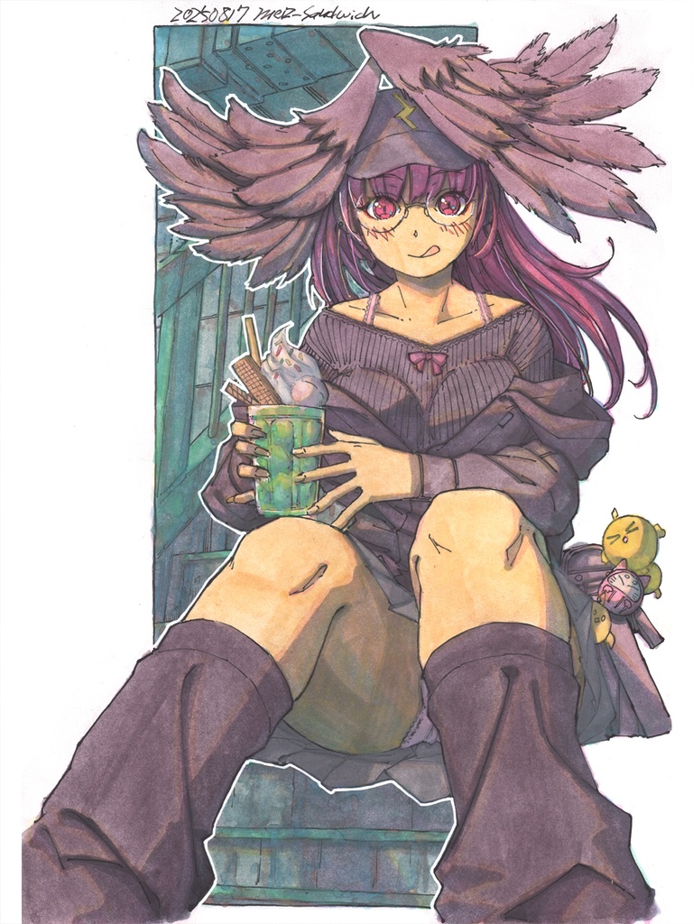【A4色紙水彩】赤い髪と黒の日傘