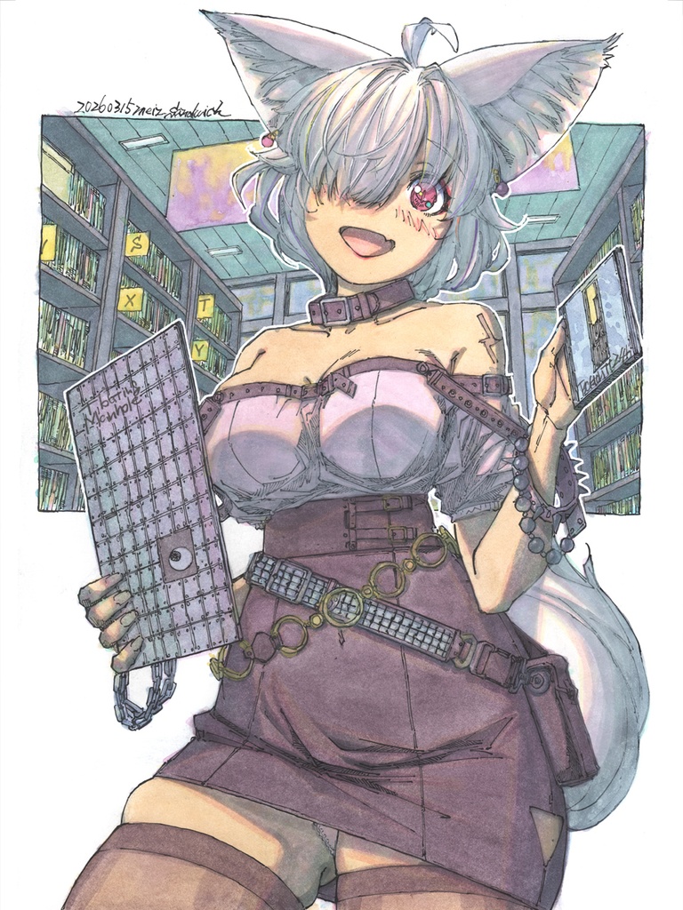 【A4色紙水彩】レコードショップの白狐