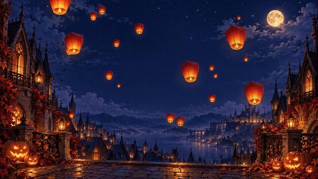 【動く配信背景】ハロウィン 空飛ぶランタンの夜|20秒ループ・透過ランタン付き