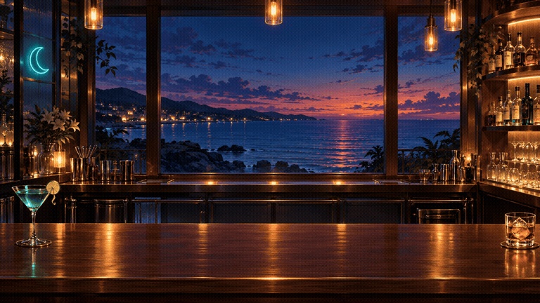 【動く配信背景】海辺のバー「夕凪」|20秒ループ・透過カウンター付き