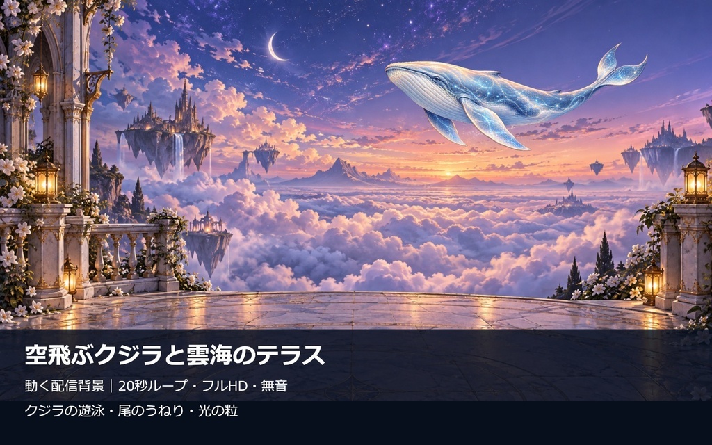 【動く配信背景】空飛ぶクジラと雲海のテラス|20秒ループ・フルHD