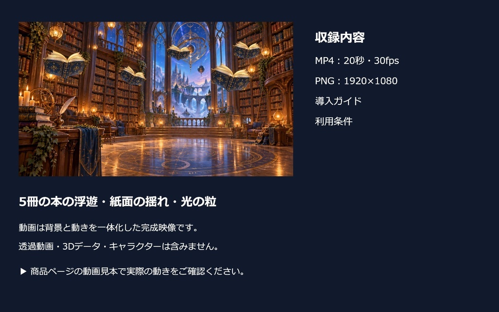 【動く配信背景】魔法の本が泳ぐ図書館|20秒ループ・フルHD