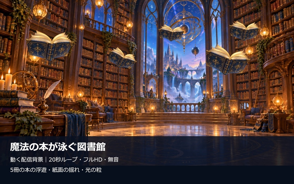 【動く配信背景】魔法の本が泳ぐ図書館|20秒ループ・フルHD