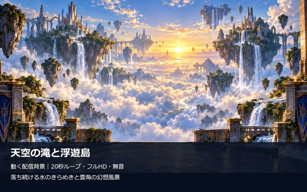 【動く配信背景】天空の滝と浮遊島|20秒ループ・フルHD
