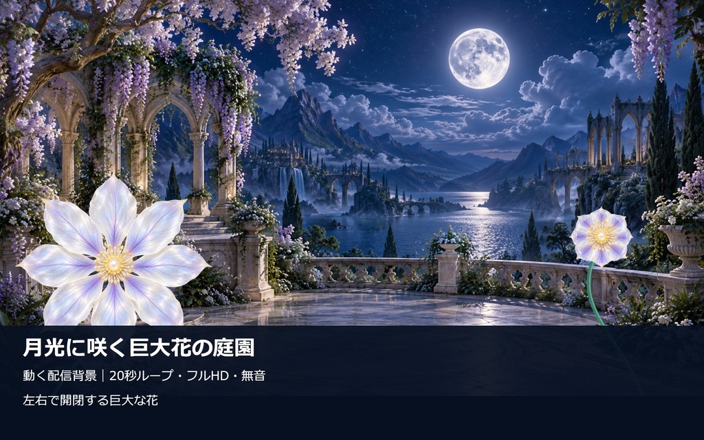 月光に咲く巨大花の庭園|20秒ループ・フルHD配信背景