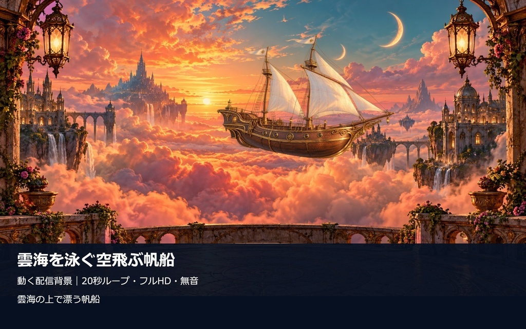 雲海を泳ぐ空飛ぶ帆船|20秒ループ・フルHD配信背景