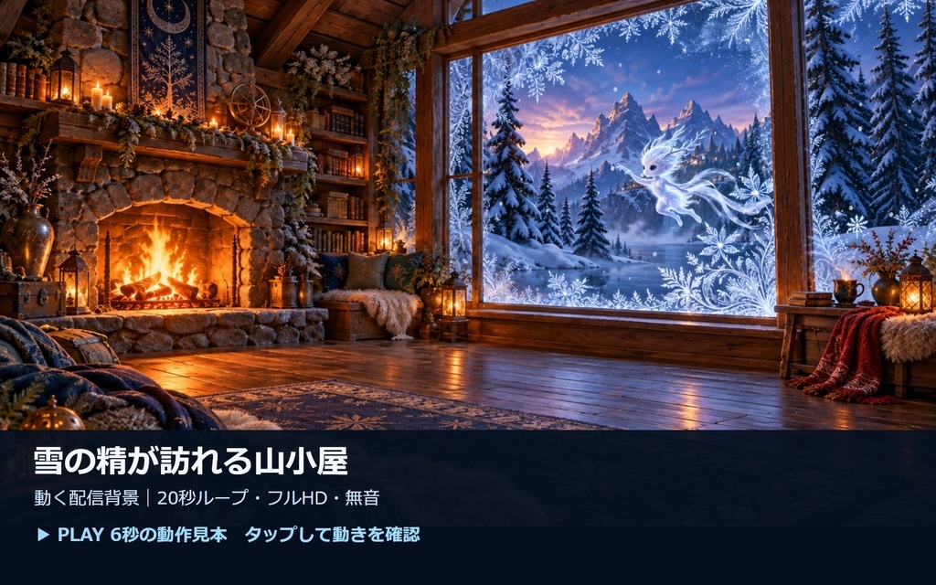 雪の精が訪れる山小屋|20秒ループ・フルHD配信背景