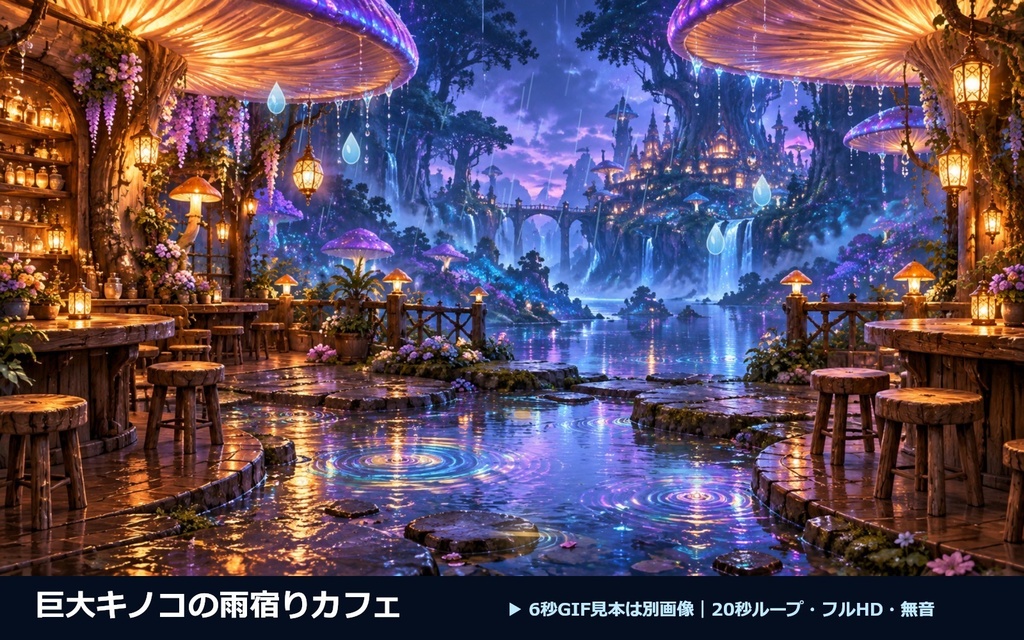 巨大キノコの雨宿りカフェ|20秒ループ・フルHD配信背景