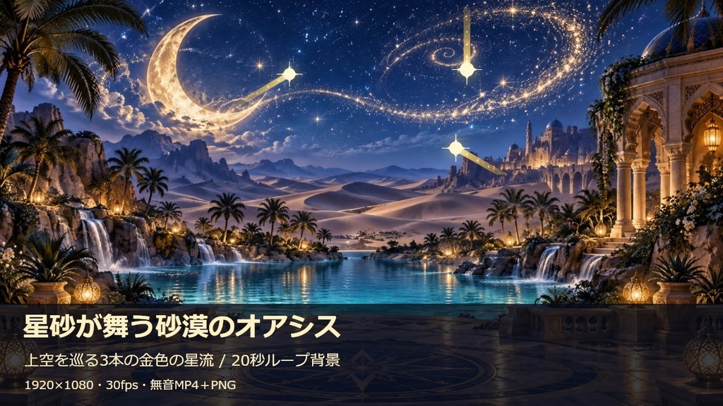 星砂が舞う砂漠のオアシス|金色の星が巡る20秒ループ配信背景