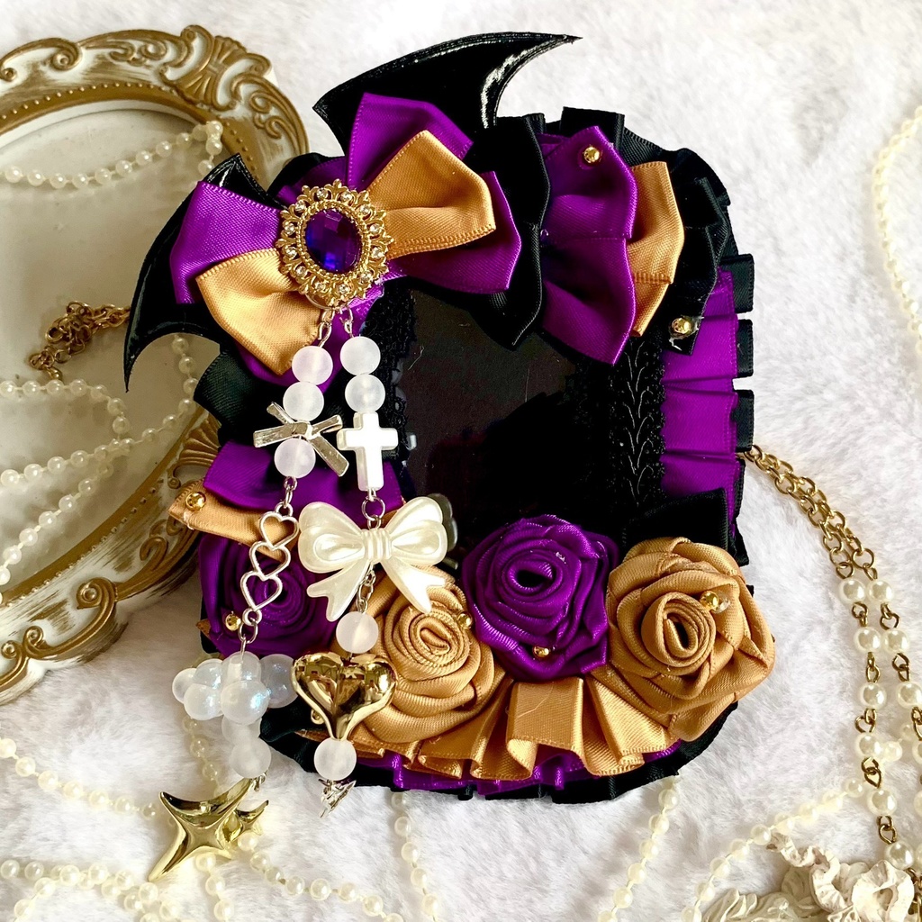 【B8】硬質ケースデコ|小悪魔ゴシック(パープル×ブラック×ゴールド)コウモリ・十字架