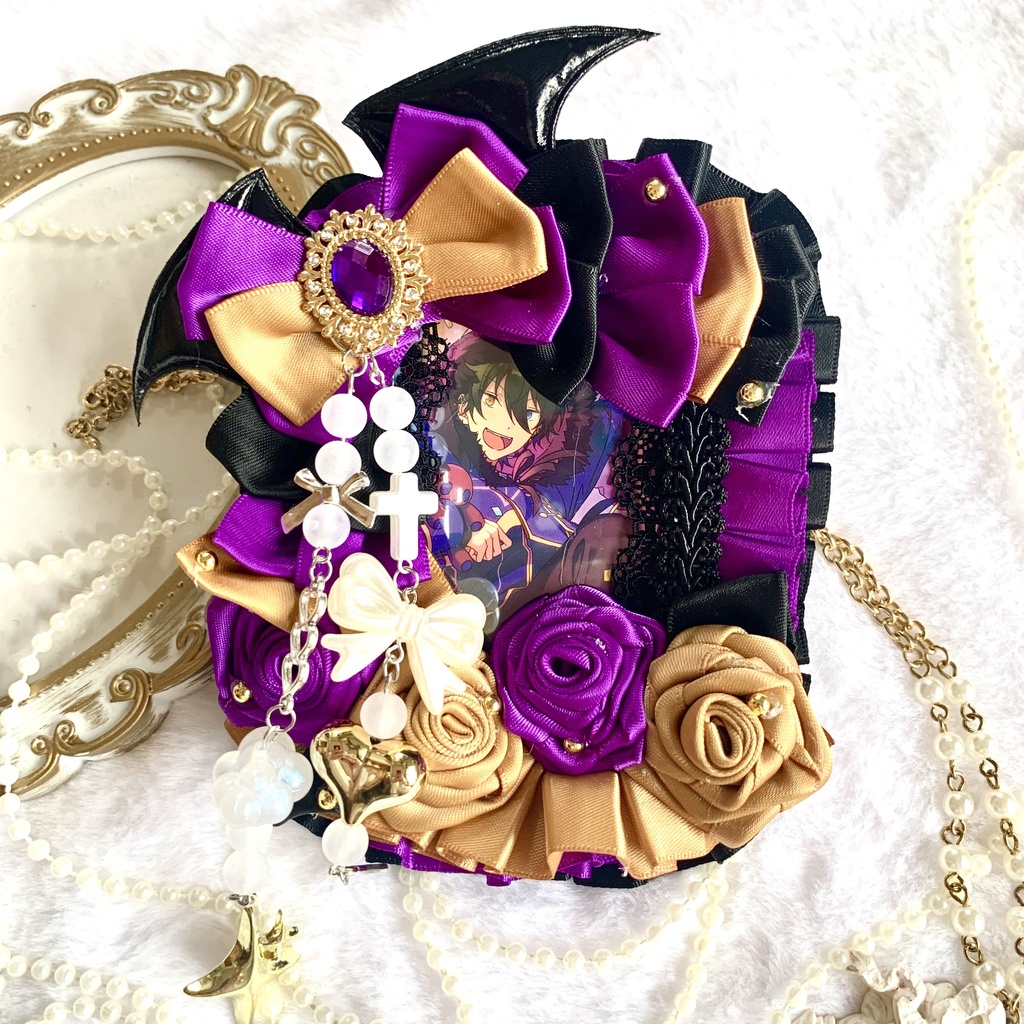 【B8】硬質ケースデコ|小悪魔ゴシック(パープル×ブラック×ゴールド)コウモリ・十字架