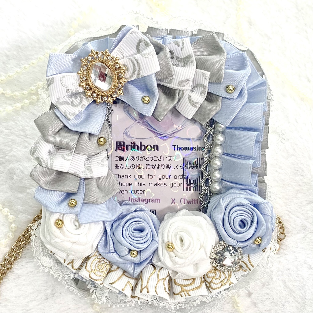 【硬質ケースデコ】 B8 リボン 水色×グレー×白 薔薇 パール トレカケース