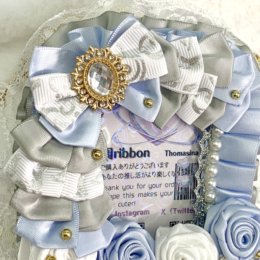 【硬質ケースデコ】 B8 リボン 水色×グレー×白 薔薇 パール トレカケース