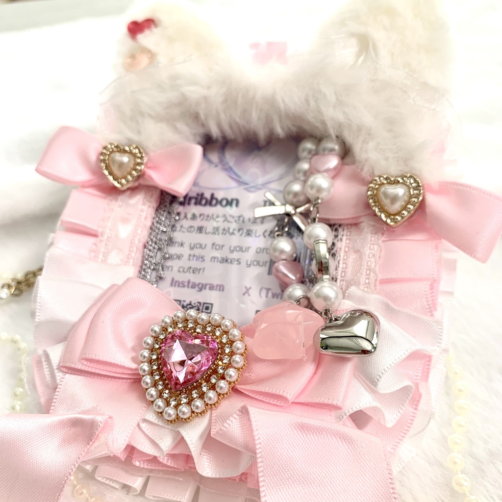 【硬質ケースデコ】 B8 ピンク 白 猫耳 ファー リボン ハート パール 量産型