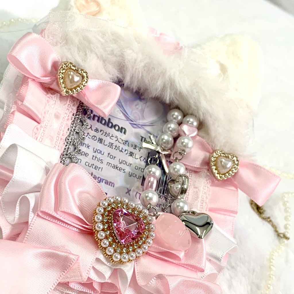 【硬質ケースデコ】 B8 ピンク 白 猫耳 ファー リボン ハート パール 量産型