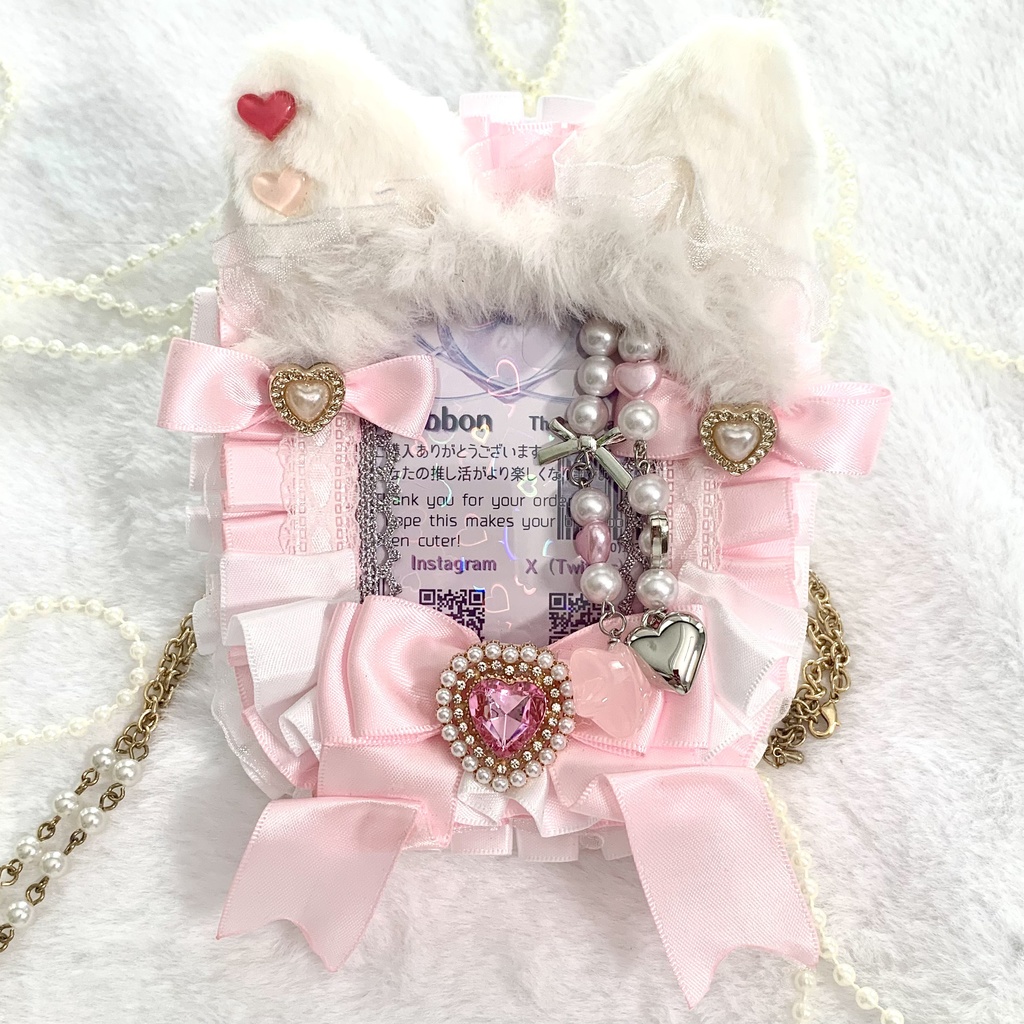 【硬質ケースデコ】 B8 ピンク 白 猫耳 ファー リボン ハート パール 量産型