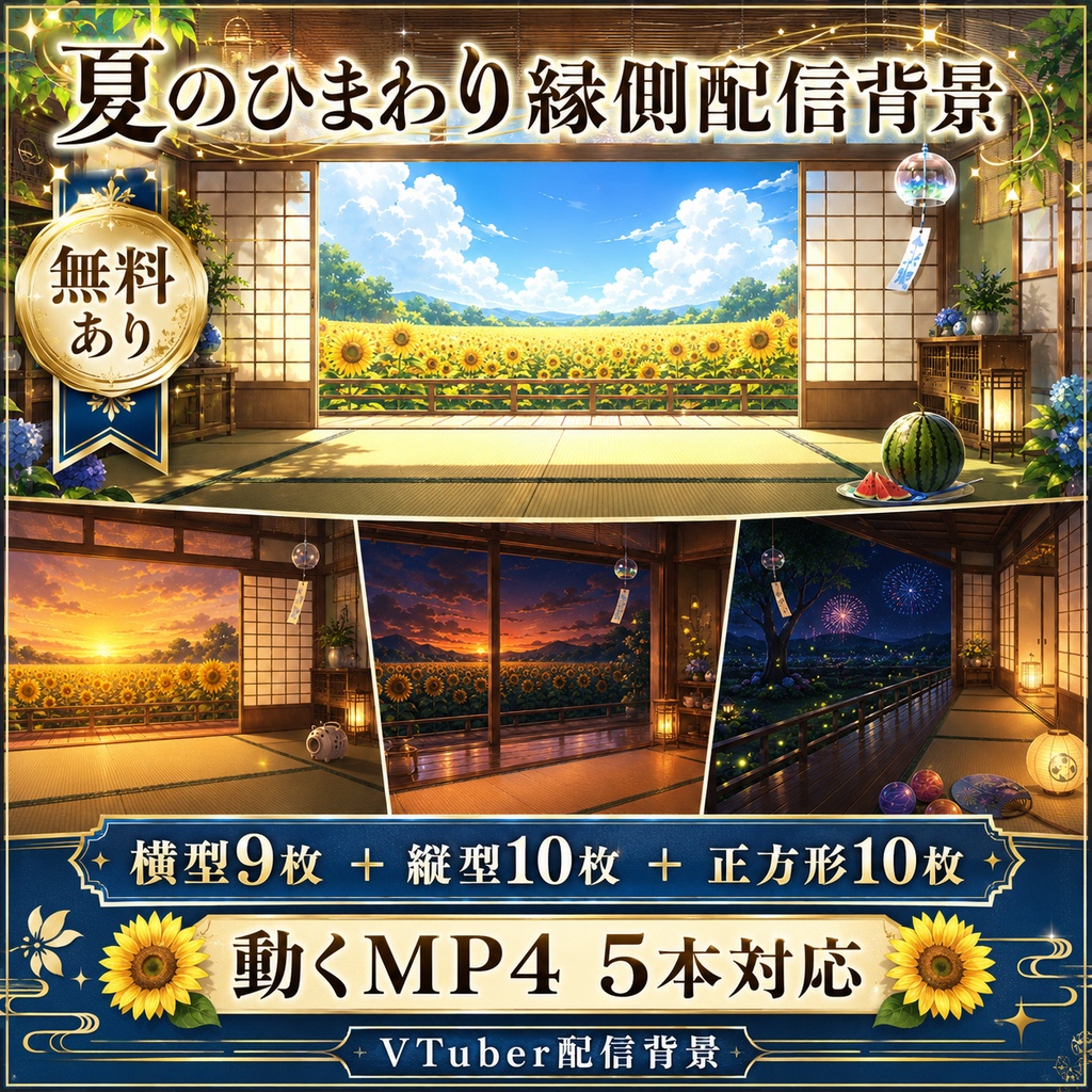 【無料あり】夏のひまわり縁側配信背景|横型・縦型・正方形+動くMP4版対応(VTuber配信背景)