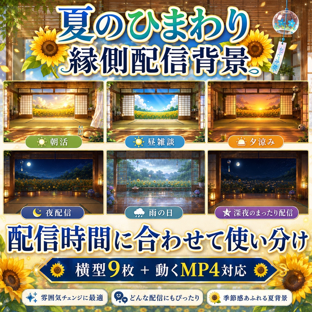 【無料あり】夏のひまわり縁側配信背景|横型・縦型・正方形+動くMP4版対応(VTuber配信背景)