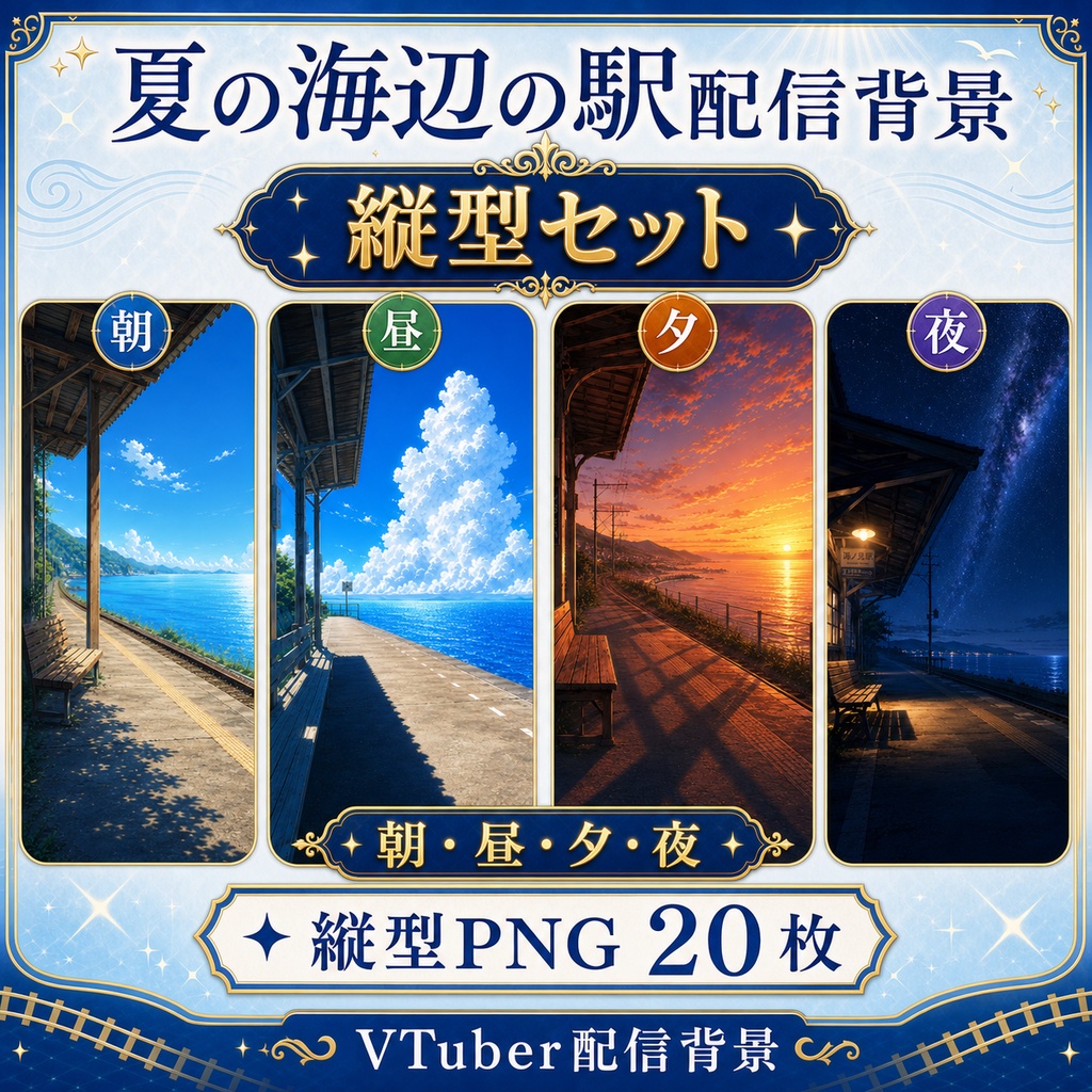 【無料あり】夏の海辺の駅配信背景|朝・昼・夕・夜 4つの時間帯+縦型・動くMP4対応(VTuber配信背景)