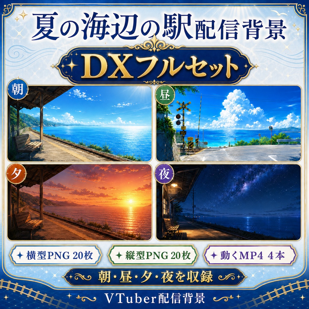 【無料あり】夏の海辺の駅配信背景|朝・昼・夕・夜 4つの時間帯+縦型・動くMP4対応(VTuber配信背景)