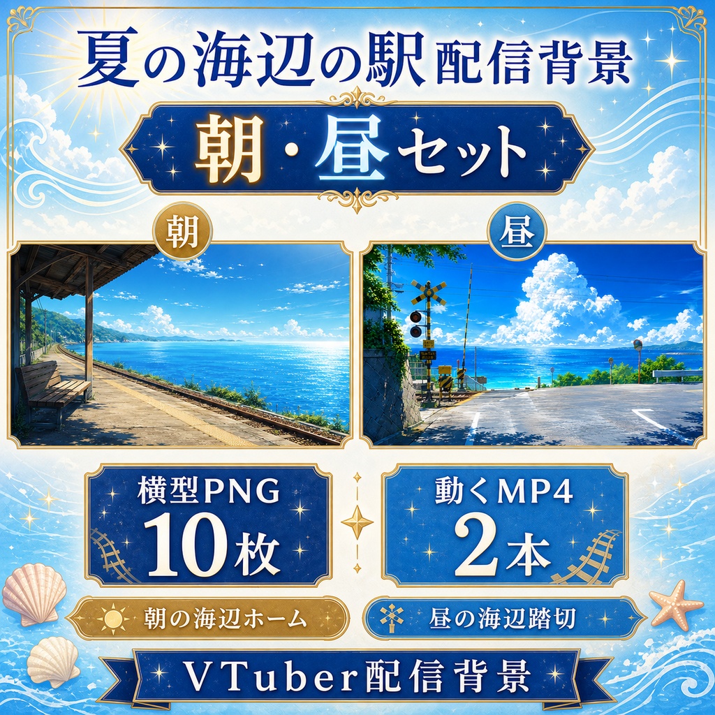 【無料あり】夏の海辺の駅配信背景|朝・昼・夕・夜 4つの時間帯+縦型・動くMP4対応(VTuber配信背景)