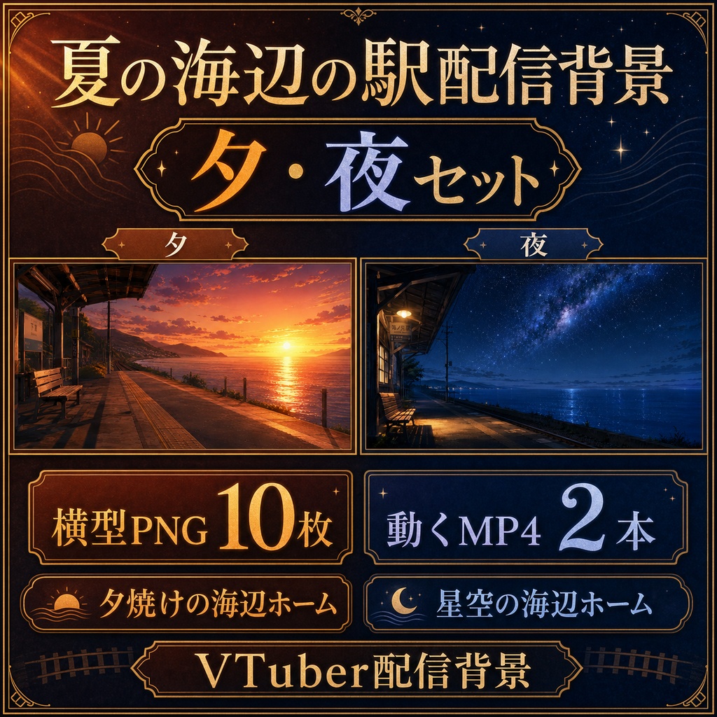 【無料あり】夏の海辺の駅配信背景|朝・昼・夕・夜 4つの時間帯+縦型・動くMP4対応(VTuber配信背景)