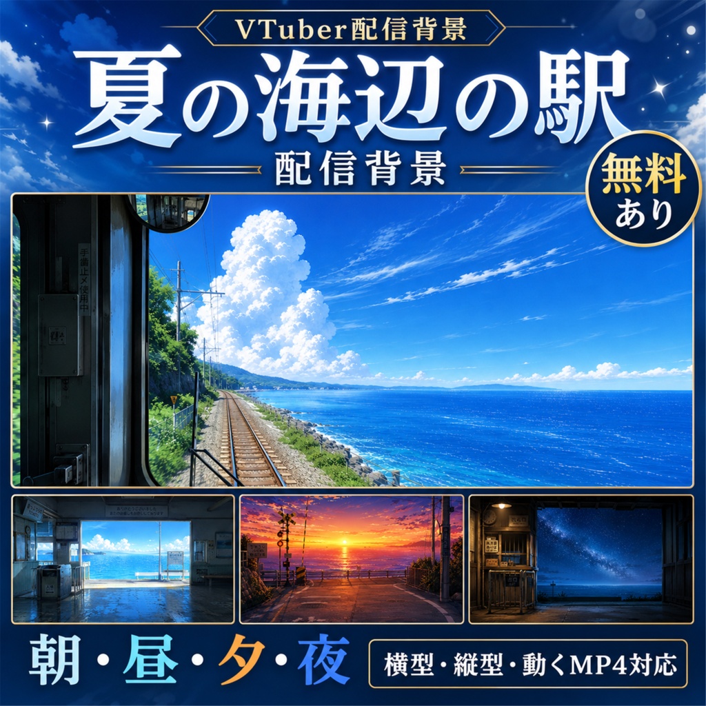 【無料あり】夏の海辺の駅配信背景|朝・昼・夕・夜 4つの時間帯+縦型・動くMP4対応(VTuber配信背景)