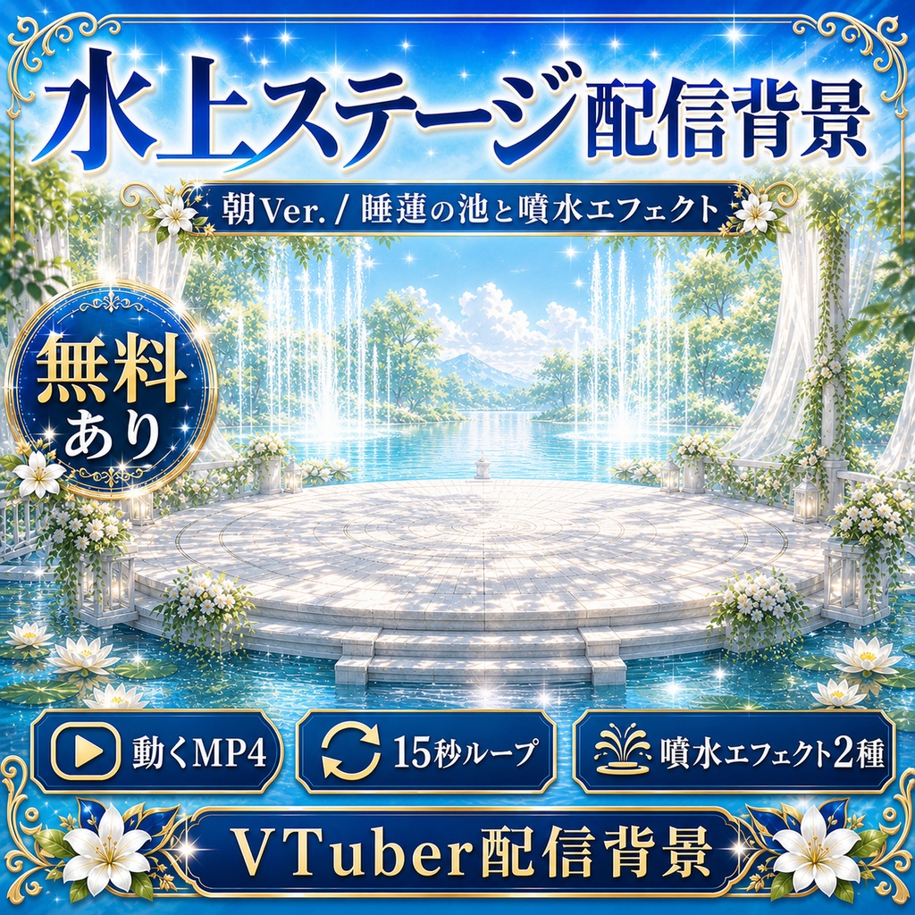 【無料あり】夏の水上ステージ配信背景 朝Ver.|睡蓮の池と噴水エフェクト付き【VTuber配信背景】