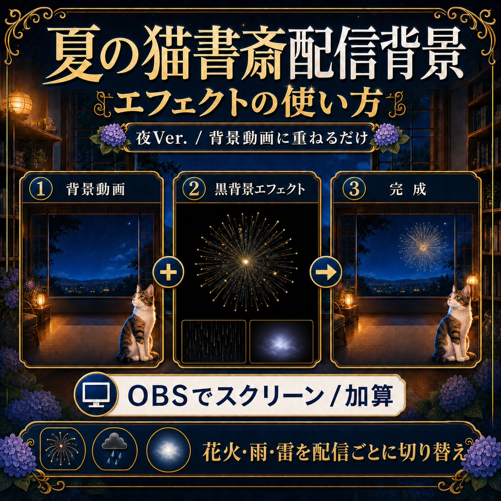 【無料あり】夏の猫書斎配信背景 夜Ver.|花火・雨・雷付き【VTuber配信背景】